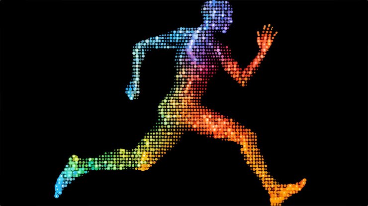 Vector pixel bright halftone fired running man icon