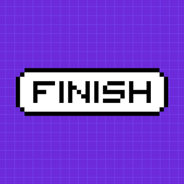 Pixel button with the inscription finish in 8bit style isolated on a bright purple background a pop