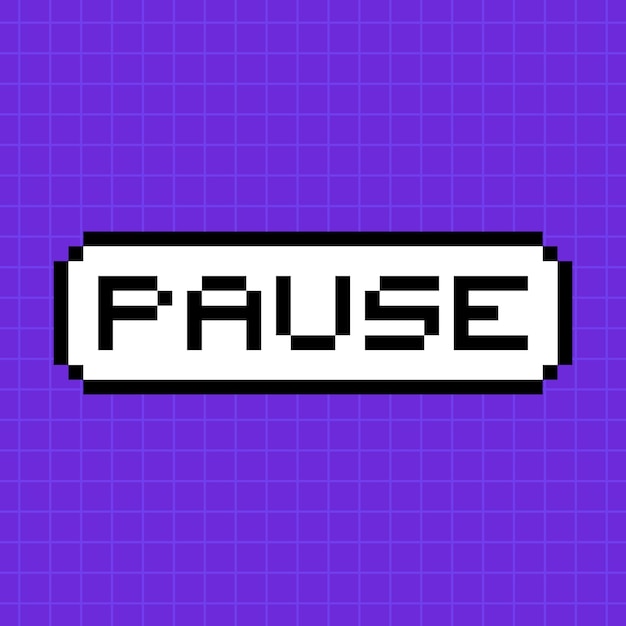 Pixel button with the inscription pause in 8bit style isolated on a bright purple background A popup