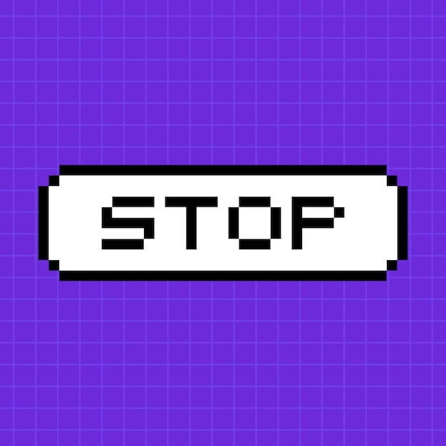 Pixel button with the inscription stop in 8bit style isolated on a bright purple background a popup