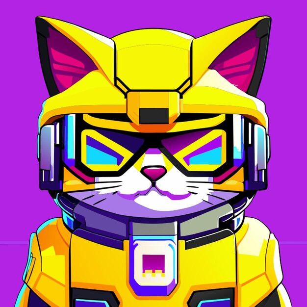 pixel cat in a robot suit robot helmet glasses smiling clear facial features shoulderlength portrait