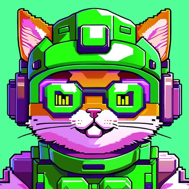 пиксельный кот в роботном костюме роботный шлем очки улыбаются ясные черты лица портрет длиной плеч