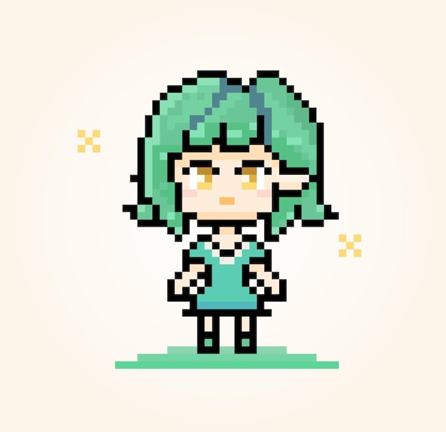 Premium Vector  Pixel character elf with green hair cute anime girl