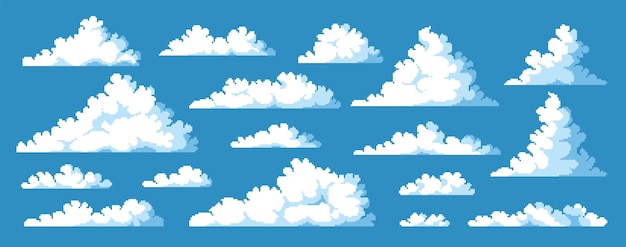 Vector pixel clouds 8 bit game asset collection videogame background environment element cartoon heaven blue sky vector interface concept art