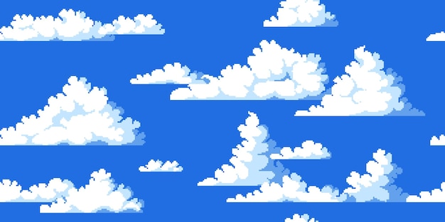 Pixel clouds pattern seamless print with 8 bit video game clouds concept art vector blue sky environment background texture