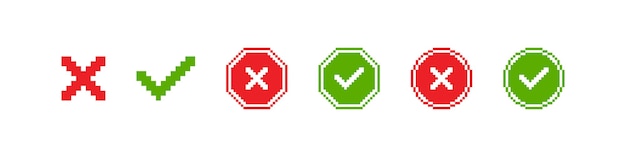 Pixel cross and check mark icon set 8 bit retro button Vector isolated