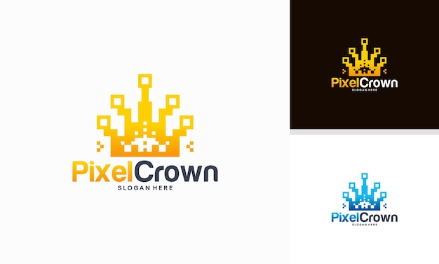 Pixel crown logo designs concept vector, king of digital logo deigns vector, logo for technology