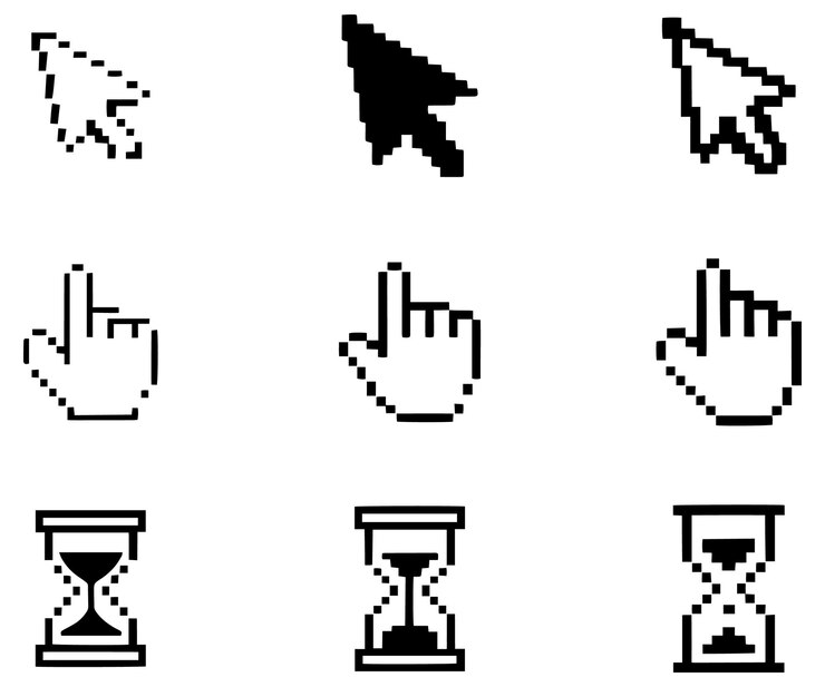Vector pixel cursors icons mouse hand arrow hourglass