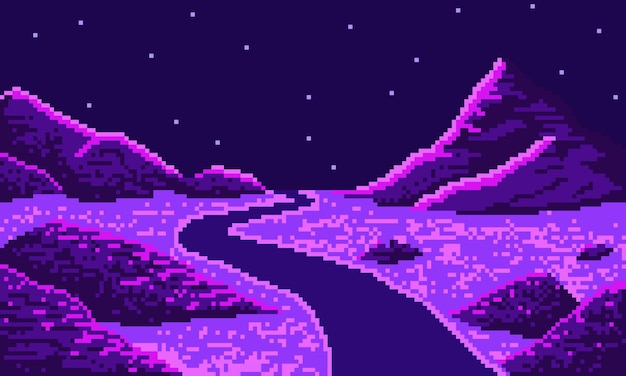 Vettore pixel strada curva nella notte collinare deserto sfondo wnding synthwave autostrada 8bit neon valle