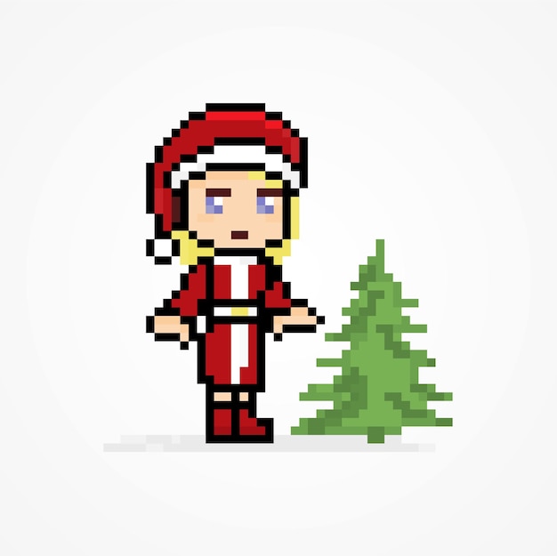 Pixel cute character santa claus girl with christmas tree