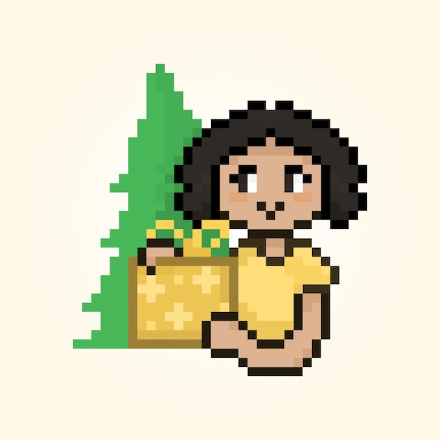 Pixel cute girl holding gift christmas tree backgound