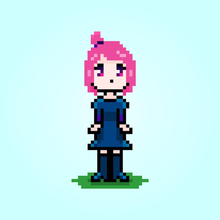 Vector pixel cute girl with pink hair anime retro character