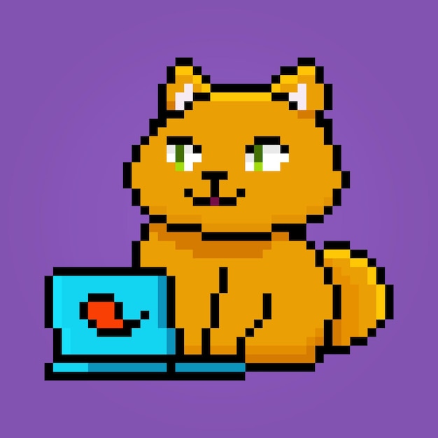 Pixel cute little cat on laptop