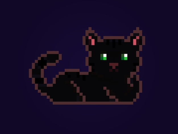 Pixel dark cat woth green eyes on purple background