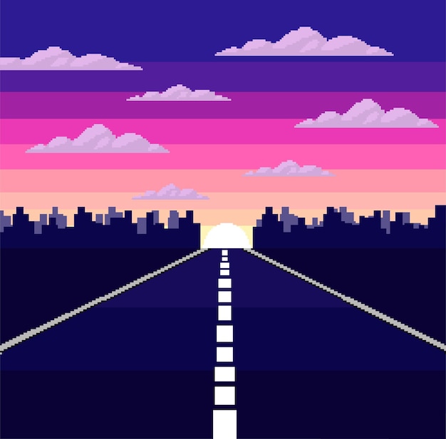 Пиксельный дизайн винтажная ретро 8-битная игра закат дорога графический фон вектор eps 10