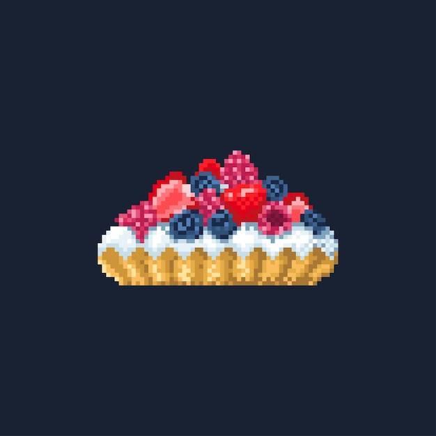 Pixel dessert Berry cake met room en bosbessen geïsoleerd op donkere achtergrond