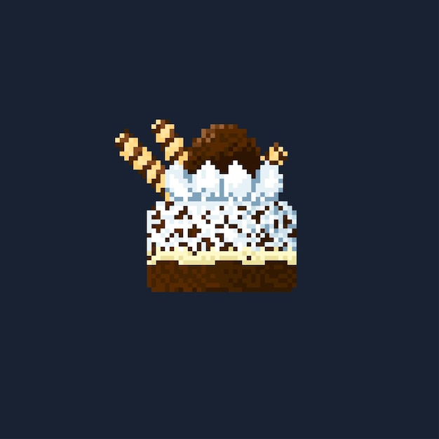 Pixel dessert Chocolate cake with butter cream and chocolate Isolated on dark background