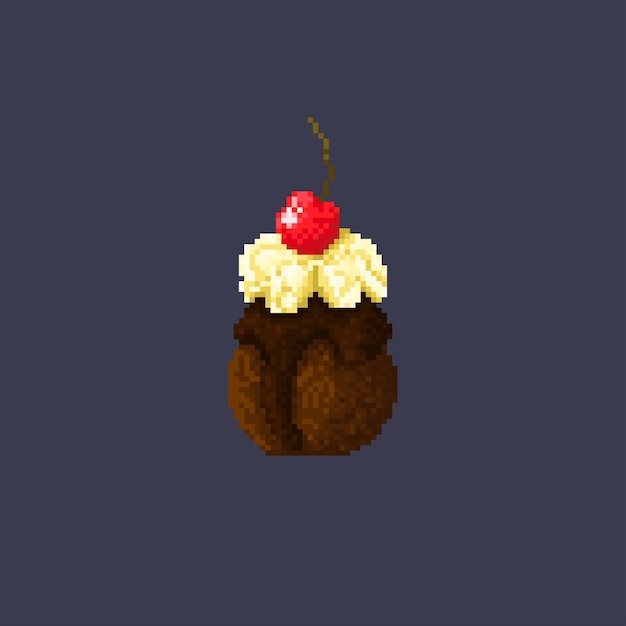 Pixel dessert Chocolate ice cream ball with chocolate and cream Isolated on dark background