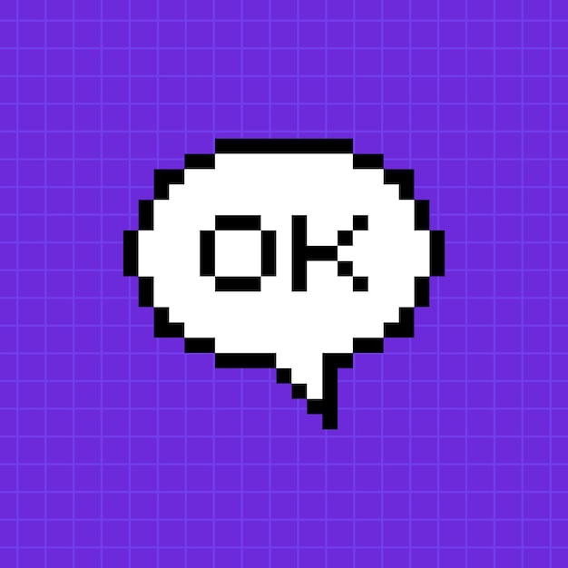 Pixel dialog box with the inscription ok on a bright purple background Illustration in the style