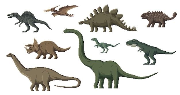 Vector pixel dinosaur characters 8 bit game animal asset