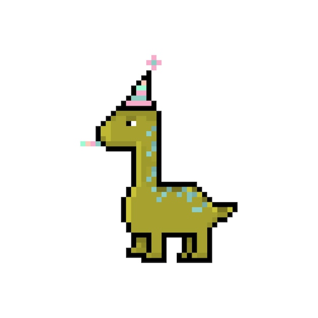 Pixel dinosaur cute character happy birthday holiday card retro style