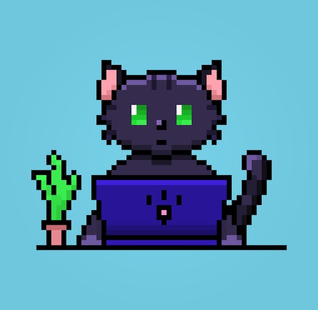 Pixel donkere kat op laptop blauwe achtergrond