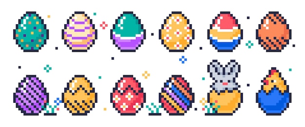 Pixel uova di pasqua uova di pollo dipinte a 8 bit pixel art gioco arcade uova icone vacanze di primavera caccia all'uovo gioco piatto illustrazione vettoriale impostato su sfondo bianco