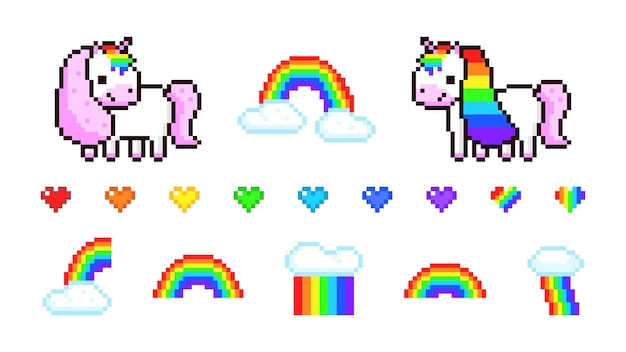 Pixel eenhoorns en regenbogen set