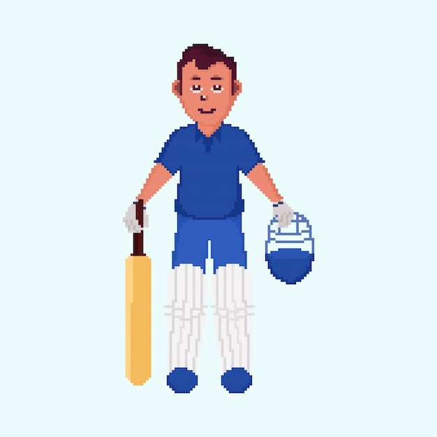 Pixel Effect Portrait Of Batsman Standing On Pastel Blue Background