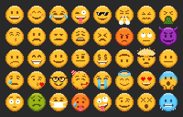 Pixel emoji-emoticon-glimlachen en 8-bits gezichtspictogrammen