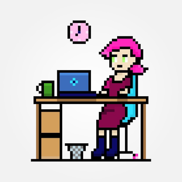 Pixel female character working on laptop office desk icon