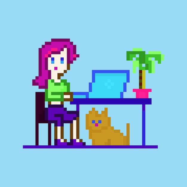 Пиксельный женский персонаж, работающий на ноутбуке