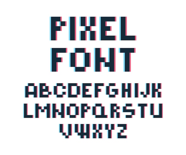 픽셀 글꼴. 레트로 비디오 게임 80 년대 빈티지 컴퓨터 타이포그래피 문자와 숫자 글꼴 왜곡