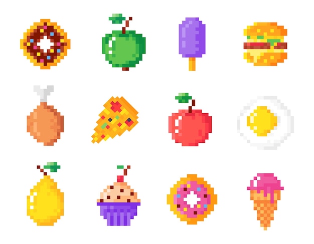 Vector pixel food icons hamburger donut pizza apple fried eggs pear muffin and ice cream flat vector illustration set