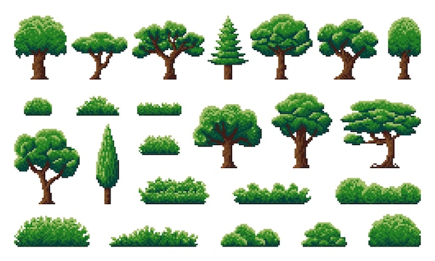 Pixel forest and jungle trees shrub grass plants