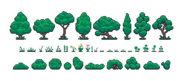 Pixel forest set Retro 8 bit video game UI elements trees bushes and grass sprite asset background landscape objects Vector isolated collection