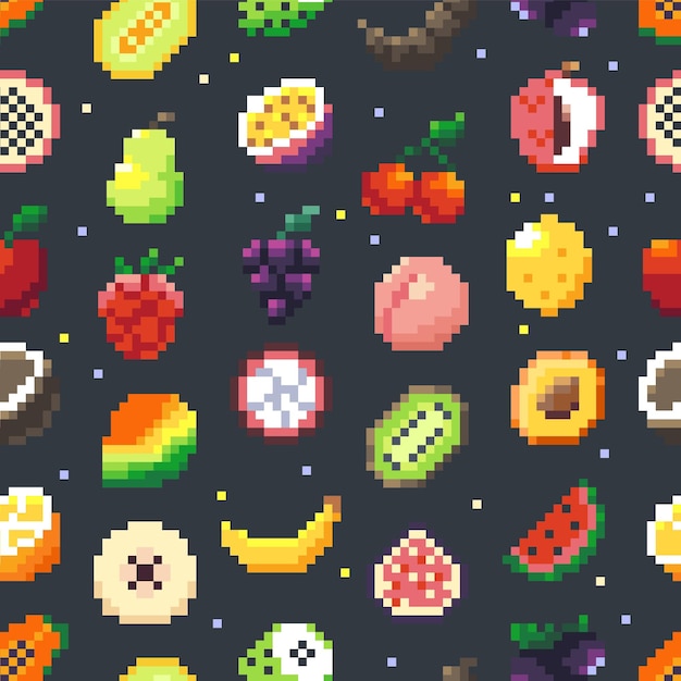 Vector pixel fruits pattern seamless print of pixelated cartoon fruits and berries 2d game wallpaper of rough pixel icons vector texture