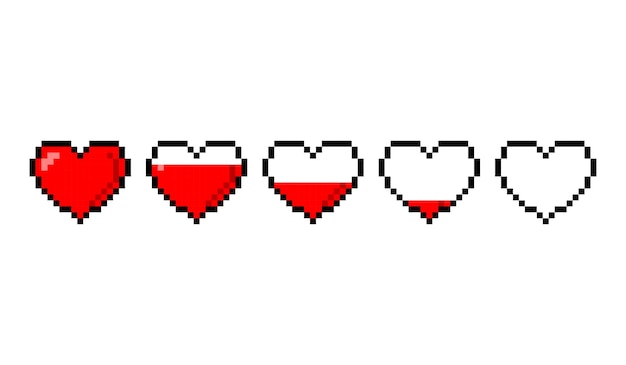 Pixel game 8 bit health heart life bar icons. Gaming controller