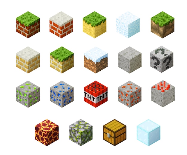 Pixel game blocks of stone ice water and sand