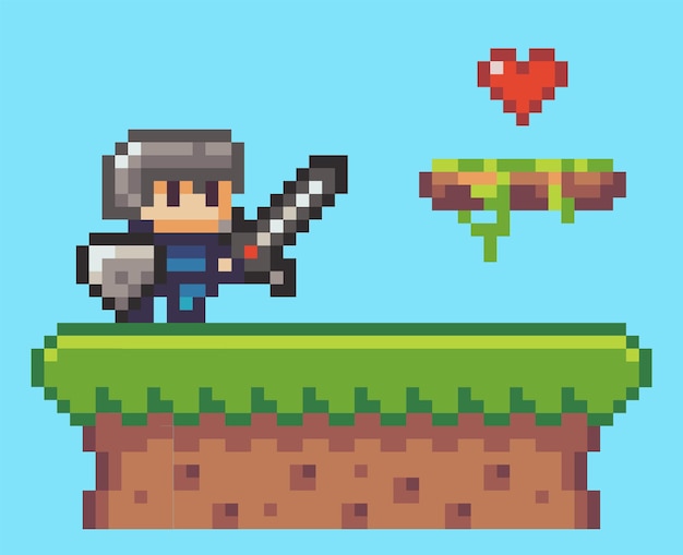 Pixel game character hero of mobile 8 bit game video game pixelated grass collect life heart