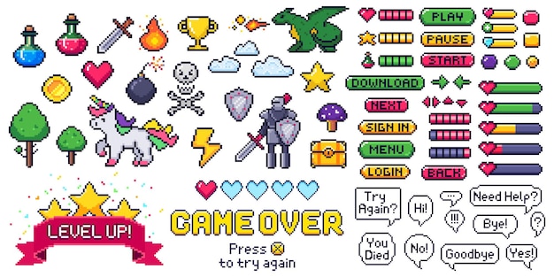 Vector pixel game elements set. digital life bars and menu button as menu, stop and play. speech bubbles with message. objects as heart and coin, trophy and fire, cloud and bomb vector illustration