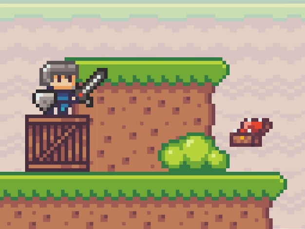 Pixel game held ridder met zwaard en schild voor open kist beloont 2d texture 80s game