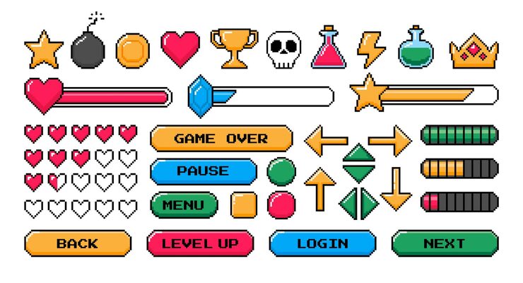 Vector pixel game icon retro video games element arcade ui button digital console 8bit interface pixels heart bomb star menu buttons controller item vector set