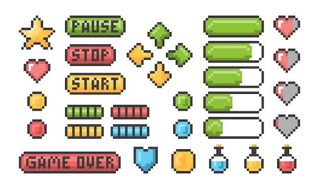 Pixel game icon. ui web bars and buttons for 8 bit console  retro elements.