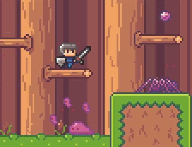 Pixel game-interface karakters man in hout met monsters spin en slijm aanvallende 2D-textuur