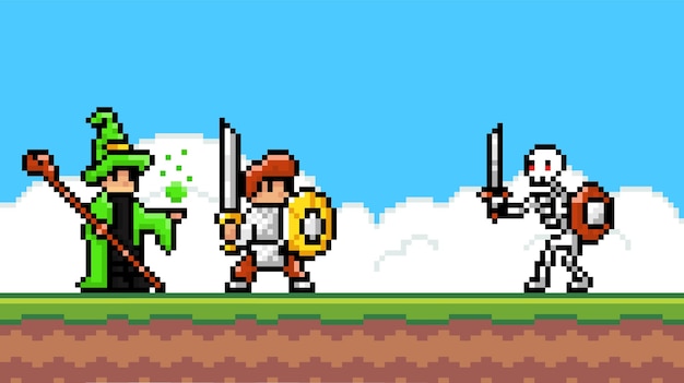 矢量的像素游戏界面。pixalated向导和骑士战斗,用剑攻击骷髅怪物