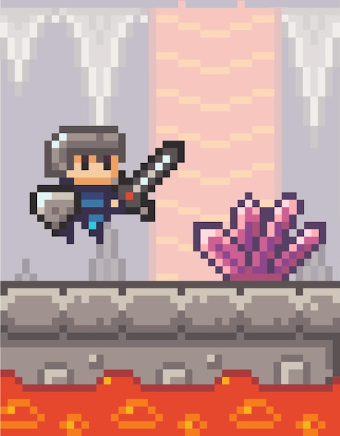 Vector pixel-game-interface ridder springt over kokende lava in ondergrondse grot pixelated 2d-textuur obstakel overwinnen personage- of heldenelementsymbool van 8bit mobiel of computerspel roze kristal