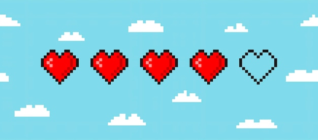 Pixel game life bar isolated on cloud background art 8 bit health heart bar gaming controller
