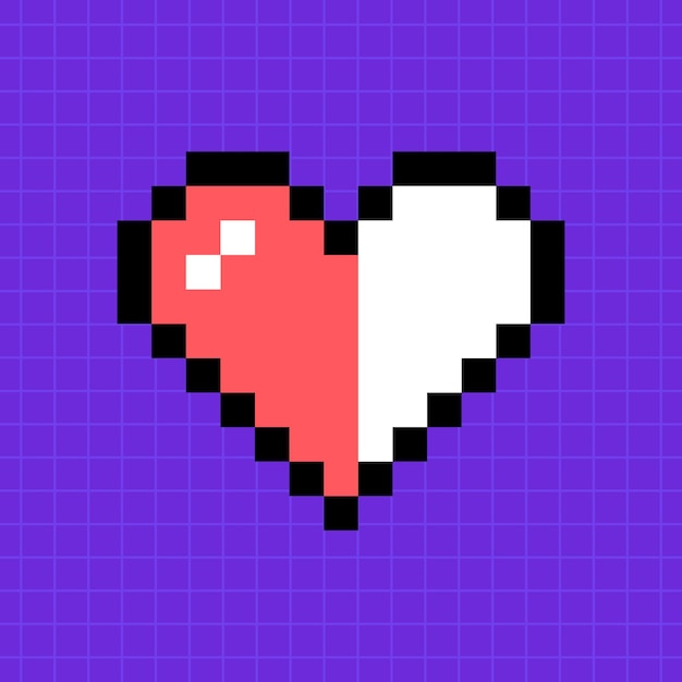 Pixel game life bar in red color on a bright purple background Half heart icon 8bit retro game style