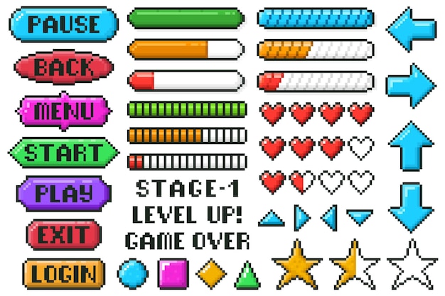 Pixel game menu buttons. game 8 bit ui controller arrows, level and live bars, menu, stop, play buttons set